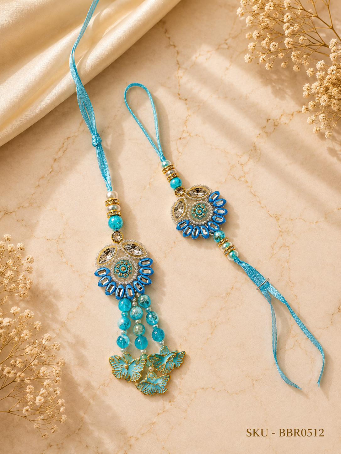 ✨ Elegant Blue Bhai-Bhabhi Rakhi Set ✨