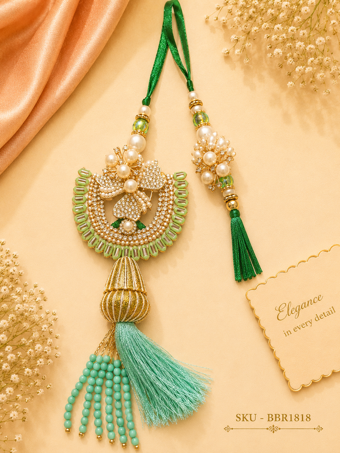 ✨ Mint Green Floral Bhai-Bhabhi Rakhi Set ✨