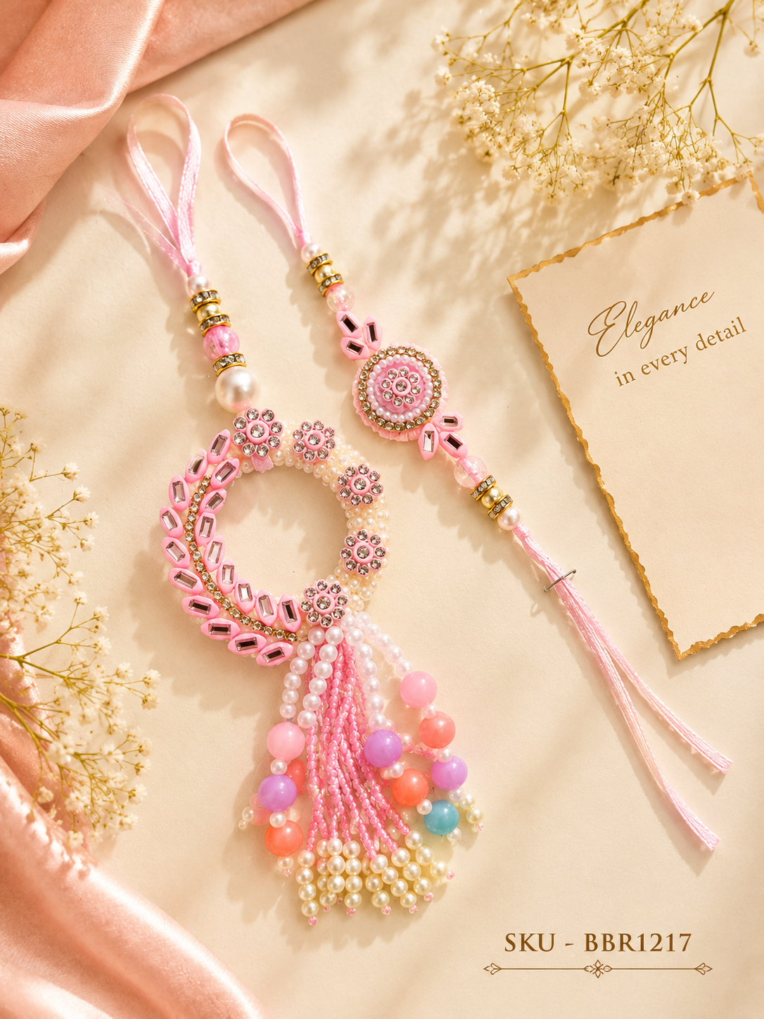 ✨ Pastel Pink Bhai-Bhabhi Rakhi Set with Pearl Tassels ✨