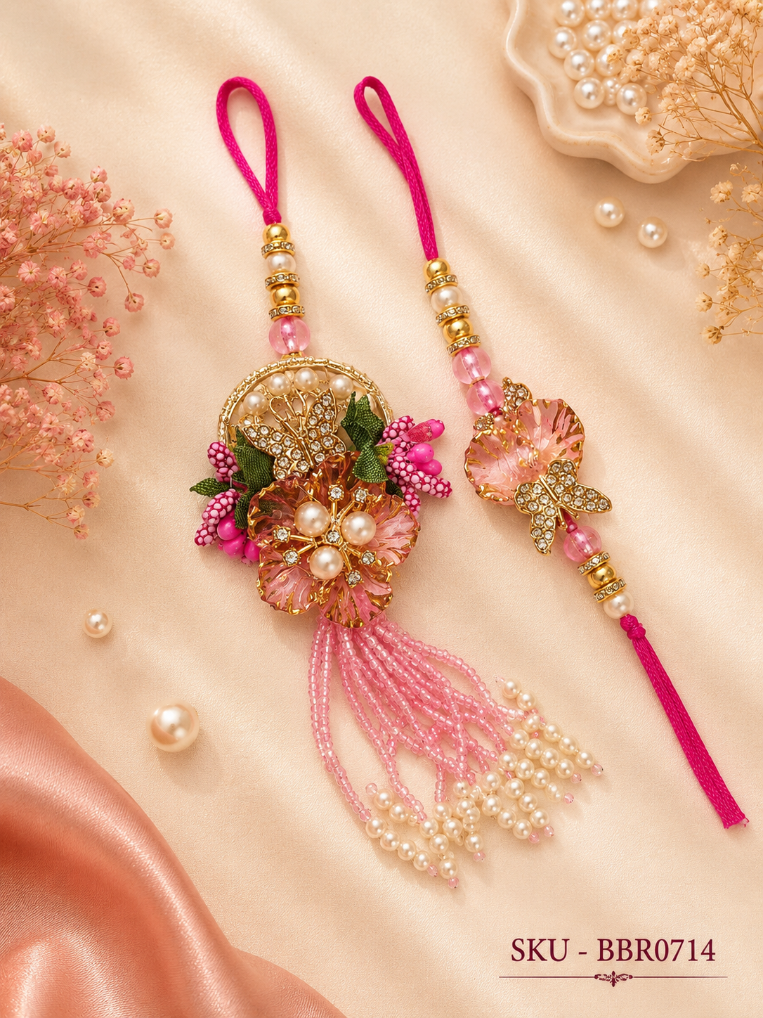 ✨ Elegant Floral Pink Bhai-Bhabhi Rakhi Set ✨
