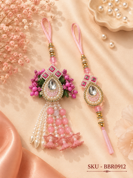 ✨ Premium Pink Pearl Bhai-Bhabhi Rakhi Set ✨