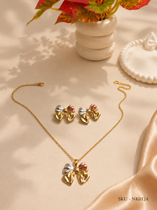 ✨ Elegant Tricolor Bow Pendant Necklace Set ✨