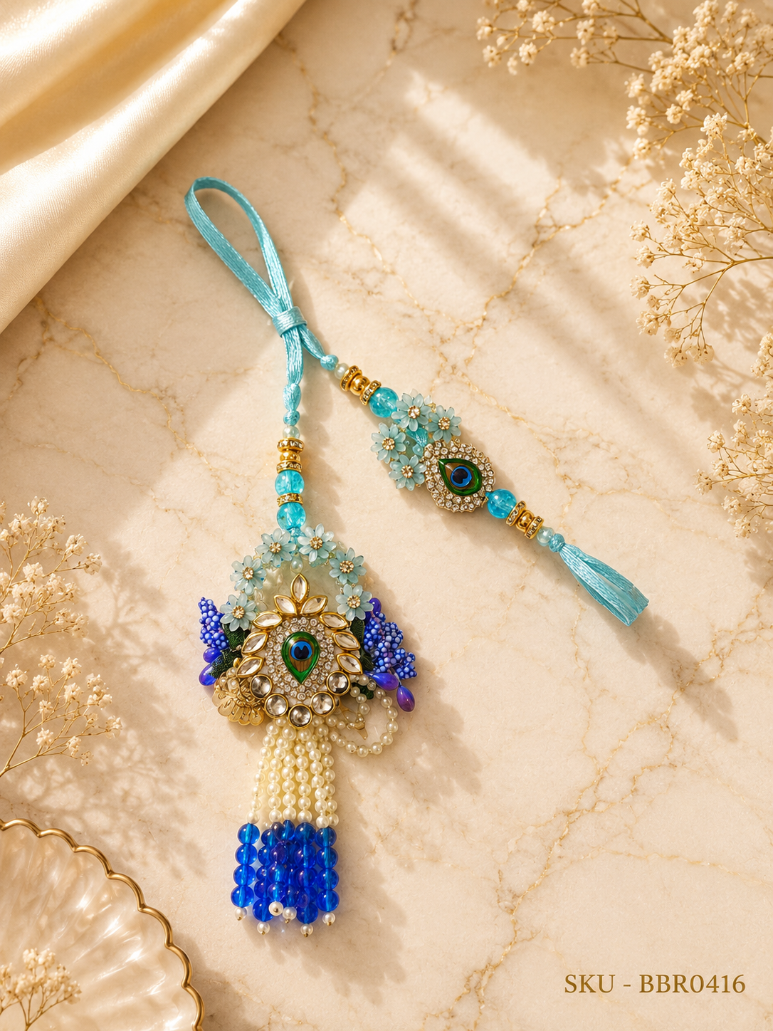 ✨ Royal Peacock feather Motif Bhai-Bhabhi Rakhi Set ✨