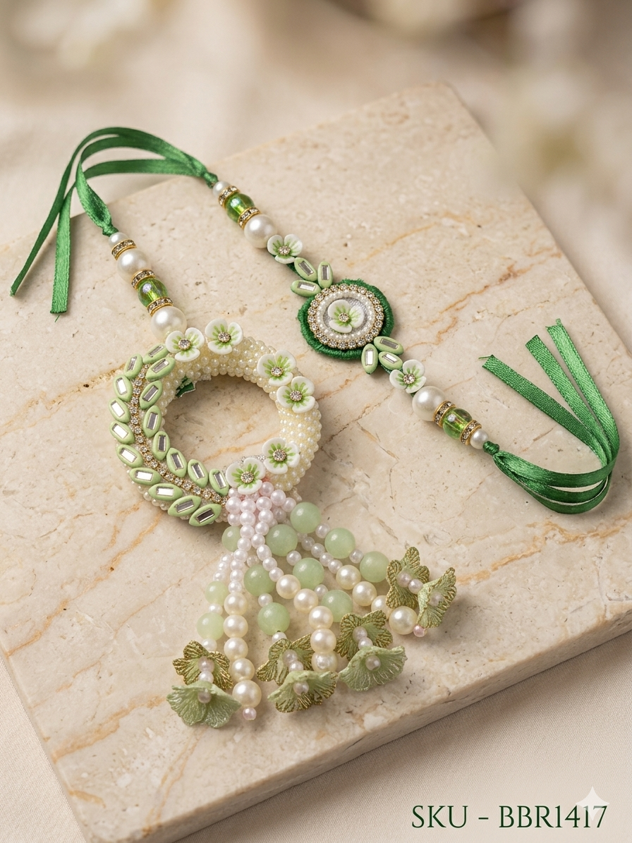 ✨ Elegant Green Floral Bhai-Bhabhi Rakhi Set ✨
