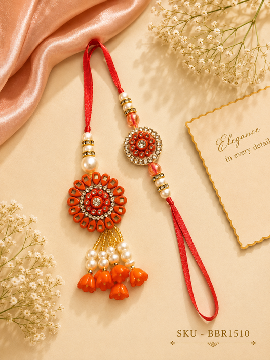 ✨ Vibrant Orange & Gold Bhai-Bhabhi Rakhi Set ✨