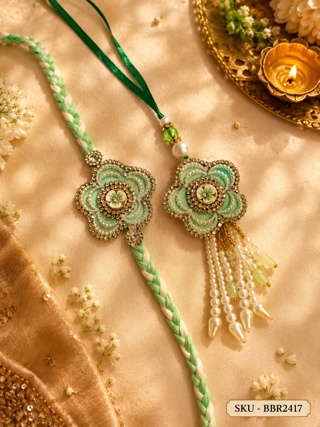 Mint Floral Designer Bhai Bhabhi Rakhi Set