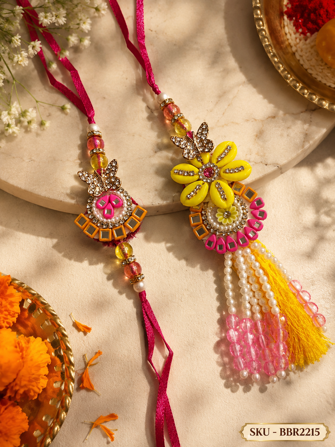 Sunshine Floral Bhai Bhabhi Rakhi Set with Butterfly & Tassel