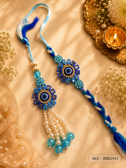 Blue Evil Eye Designer Bhai Bhabhi Rakhi Set