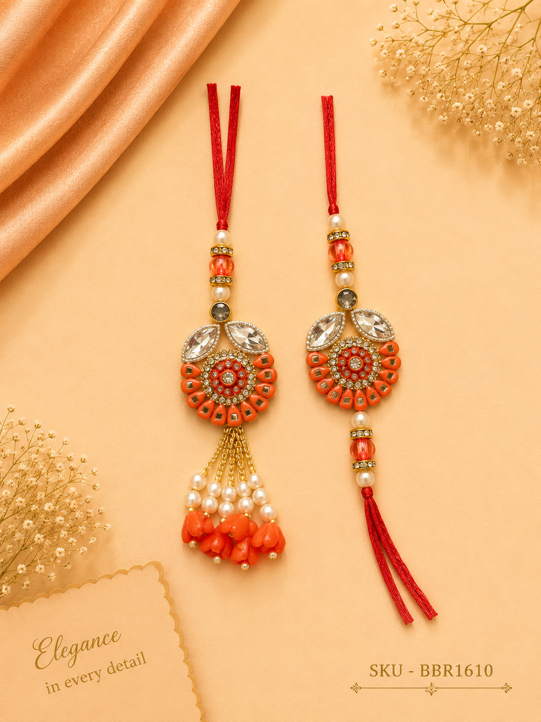 ✨ Traditional Orange Designer Bhai-Bhabhi Rakhi Set ✨