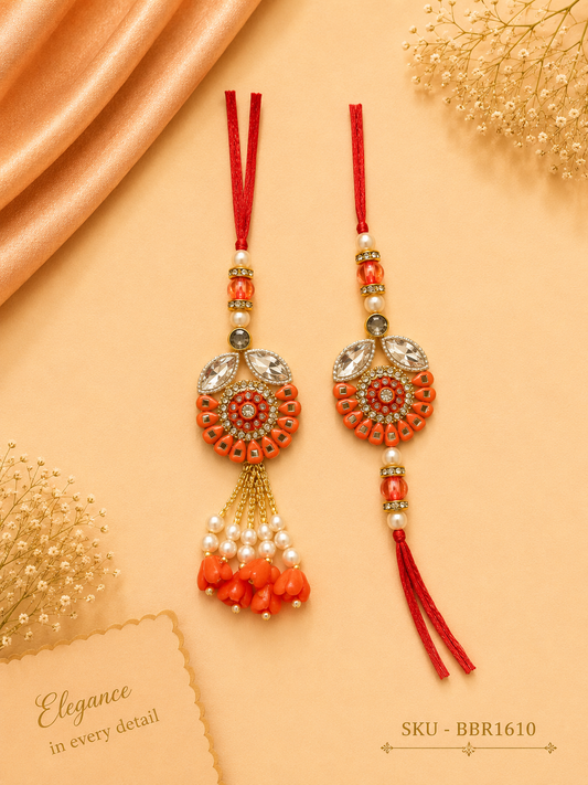 ✨ Traditional Orange Designer Bhai-Bhabhi Rakhi Set ✨